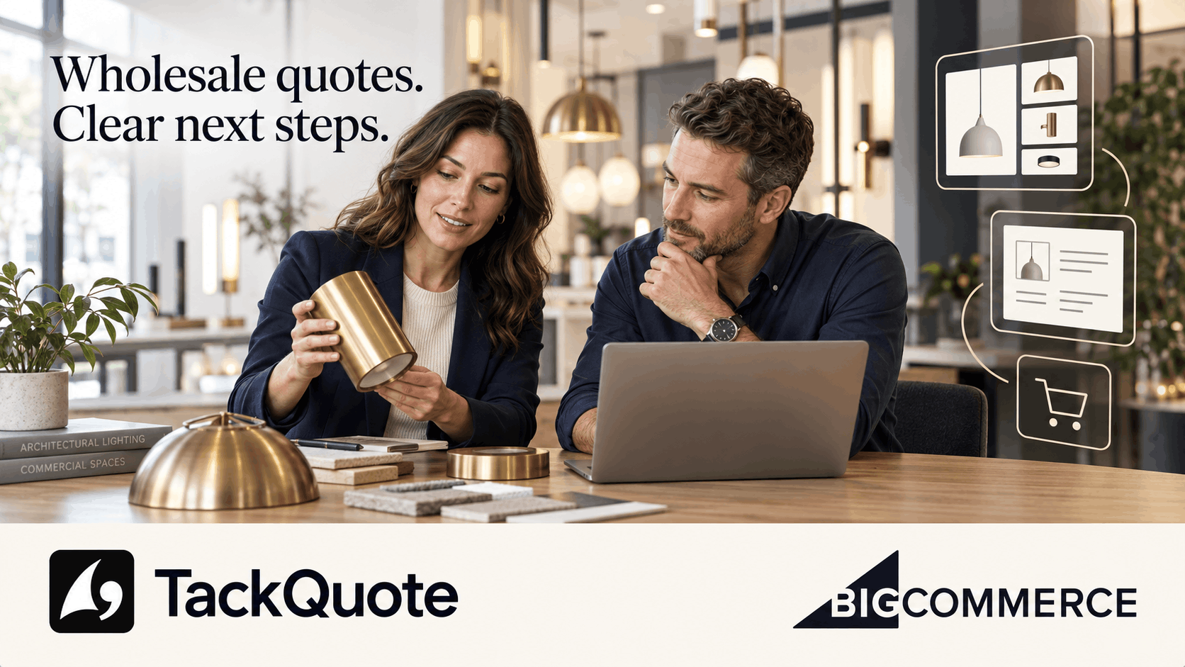 Tablet and packaged brass lighting fixtures with TackQuote and BigCommerce branding and a quote-to-checkout illustration.